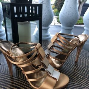Escada satin multi tone gold heels.